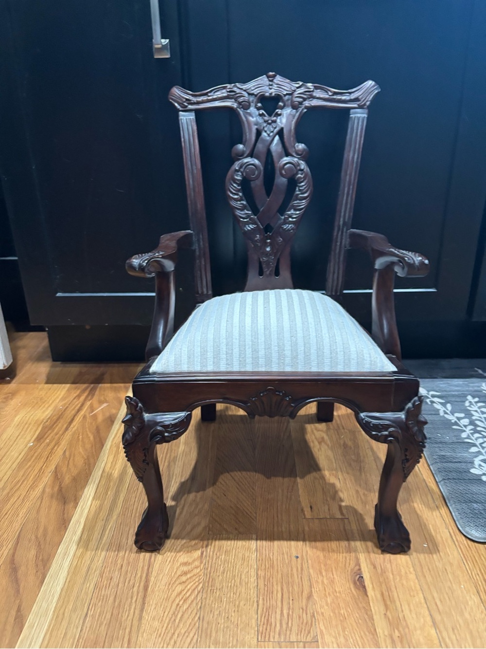Ornate Dark Wood Kids Armchair with Light Beige Striped Seat